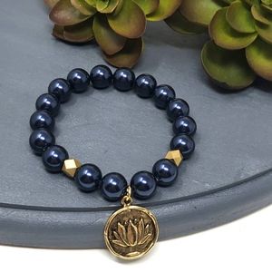 UtterlyAccessorized Jewelry - Navy Blue Swarovski Pearl Lotus Charm Bracelet UtterlyAccessorized Jewelry - Navy Blue Swarovski Pearl Lotus Charm Bracelet